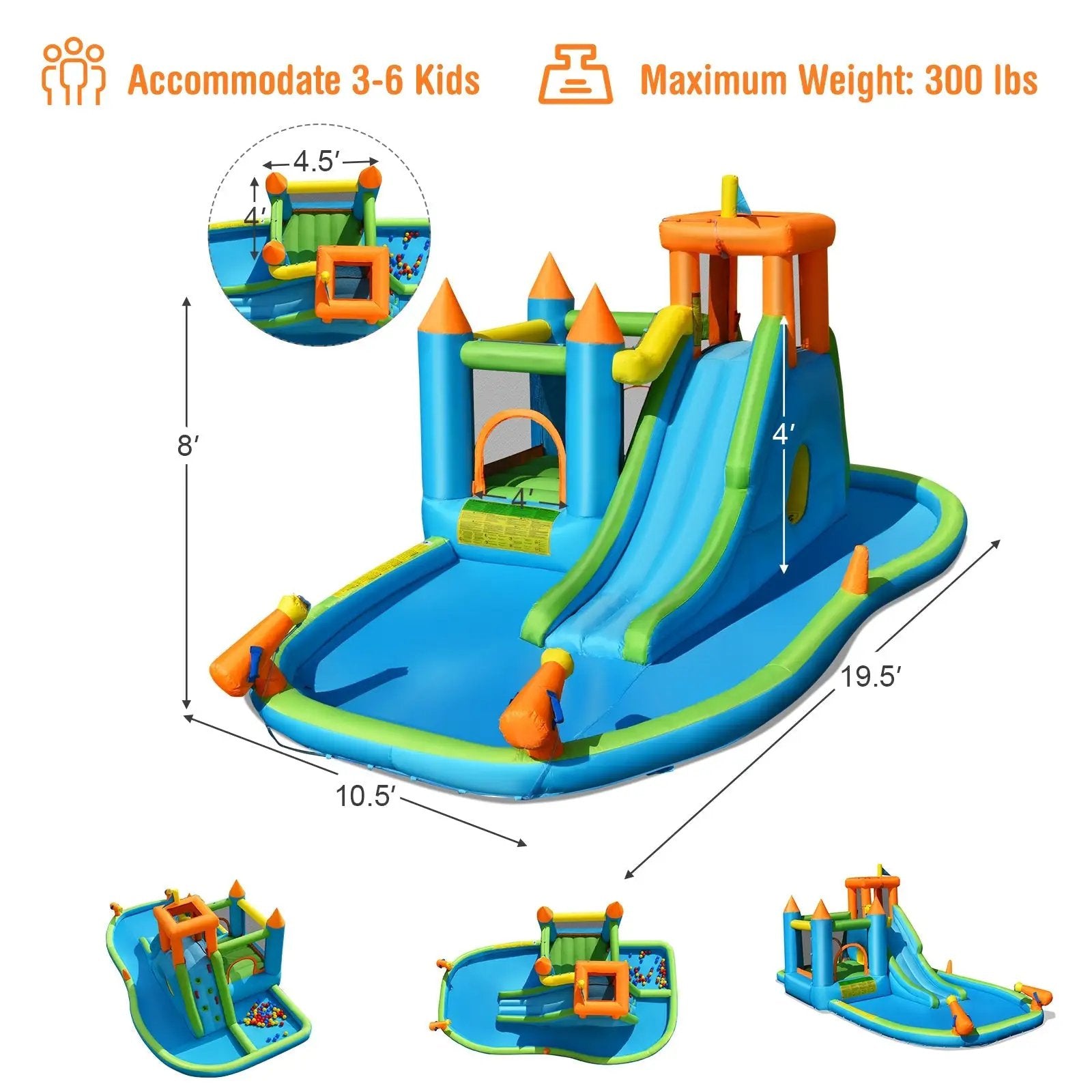 Inflatable Water Slide with Bounce House and Splash Pool without Blower for Kids by DirectDeals