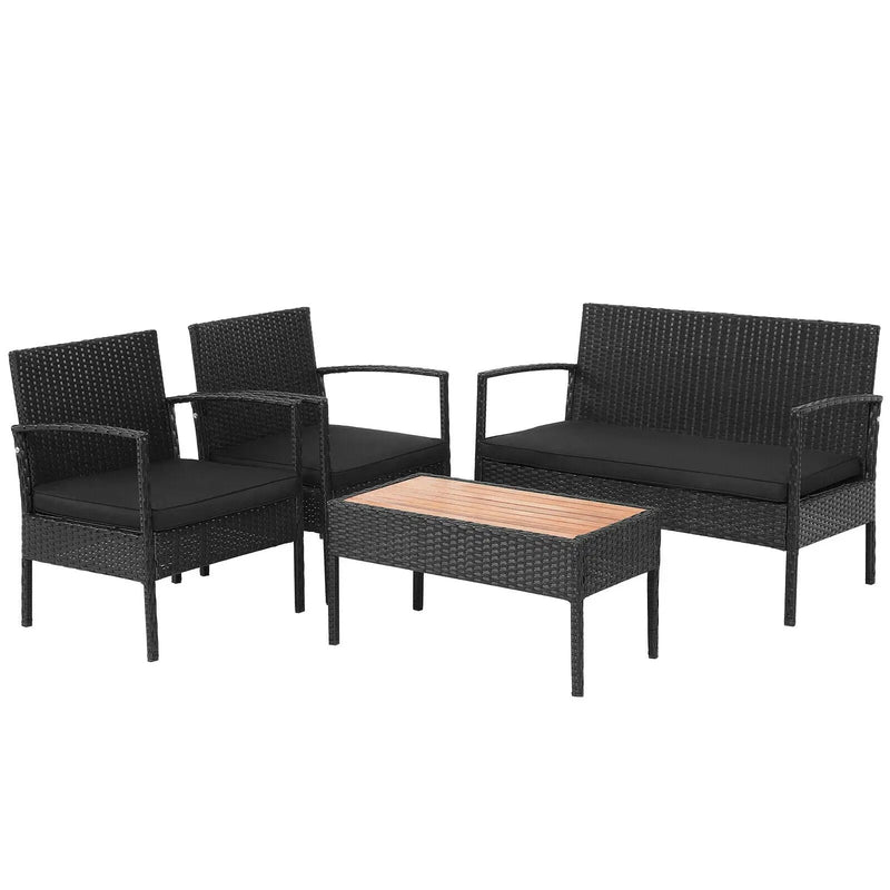 4 Pieces Patio Rattan Cushioned Furniture Set with Wooden Tabletop by DirectDeals