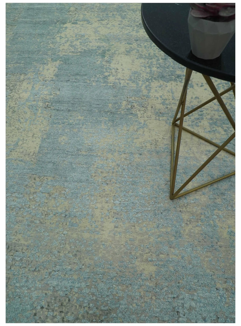 Abstract Design Blue, Beige And Gray 8x10 Hand Knotted Wool and Bamboo Silk Rug by The Rug Decor