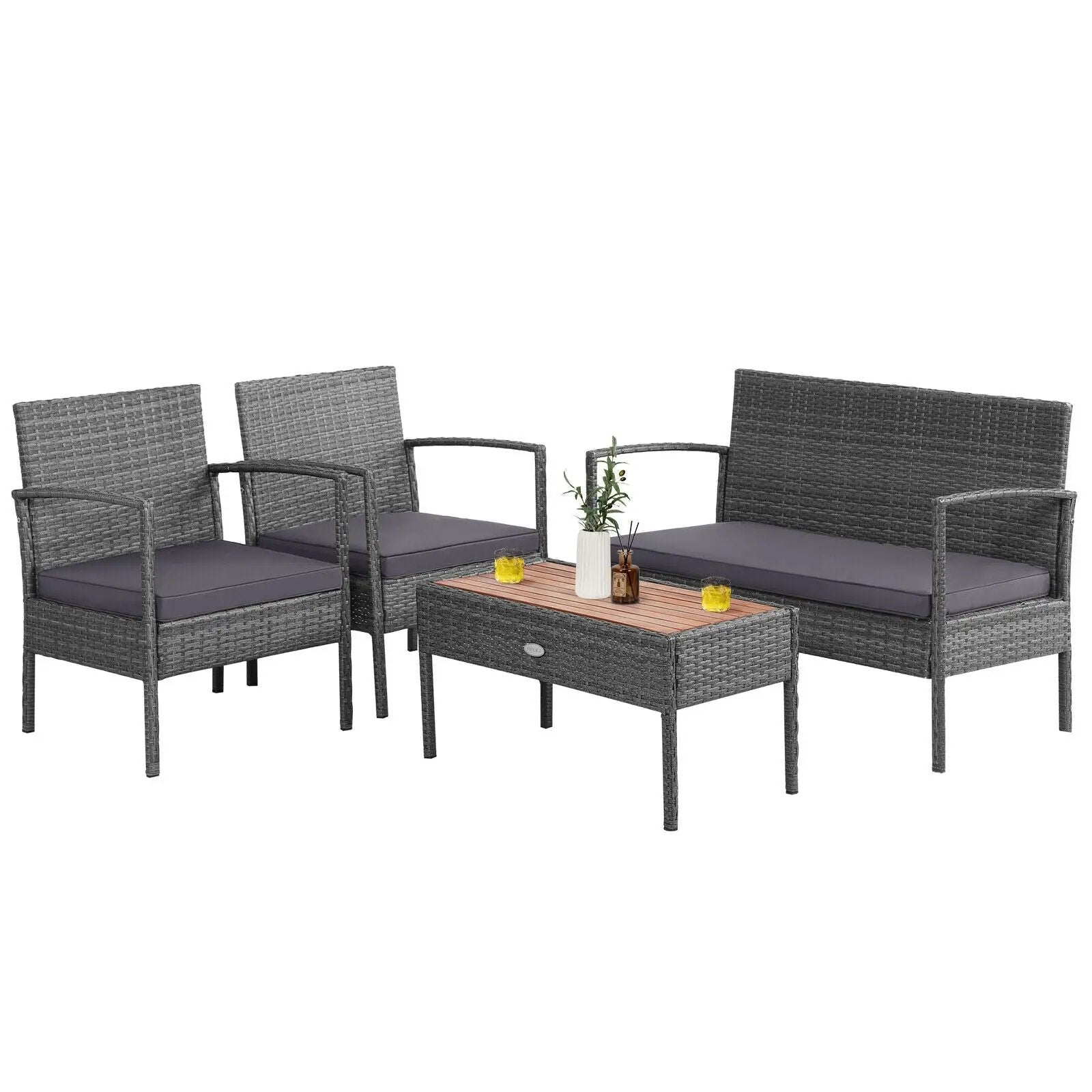 4 Pieces Rattan Patio Conversation Furniture Set with Acacia Wood Tabletop by DirectDeals