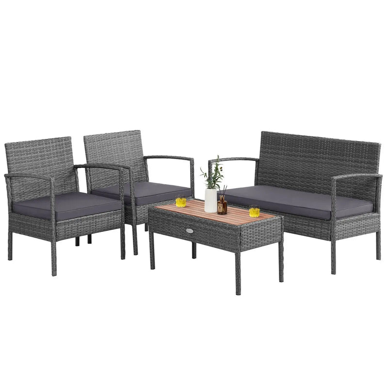 4 Pieces Rattan Patio Conversation Furniture Set with Acacia Wood Tabletop by DirectDeals