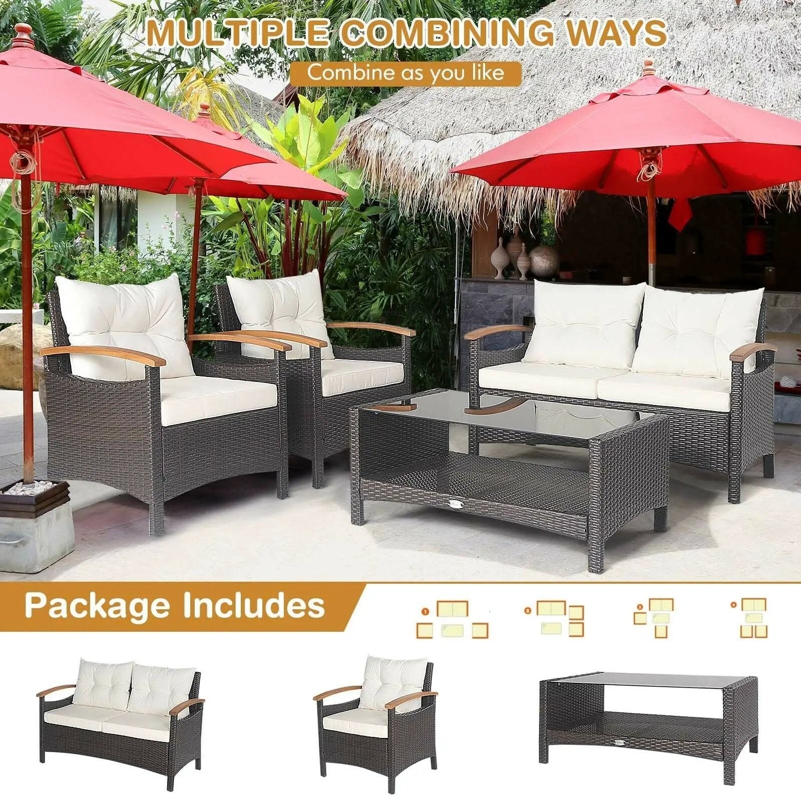 4 Pieces Patio Rattan Furniture Set with Cushioned Sofa and Storage Table by DirectDeals