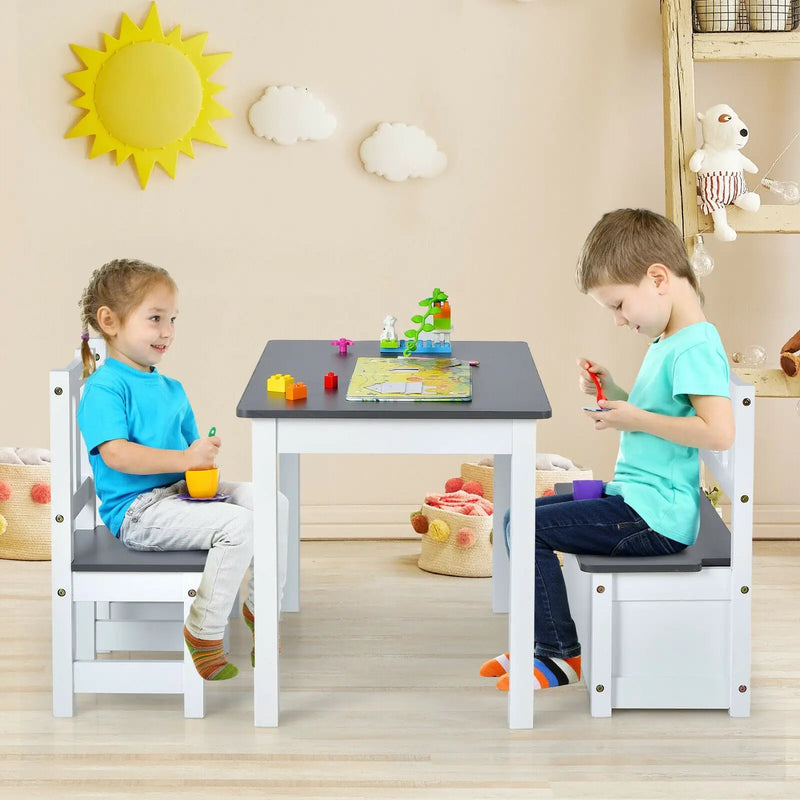 4 Pieces Kids Wooden Activity Table and Chairs Set with Storage Bench and Study Desk by DirectDeals