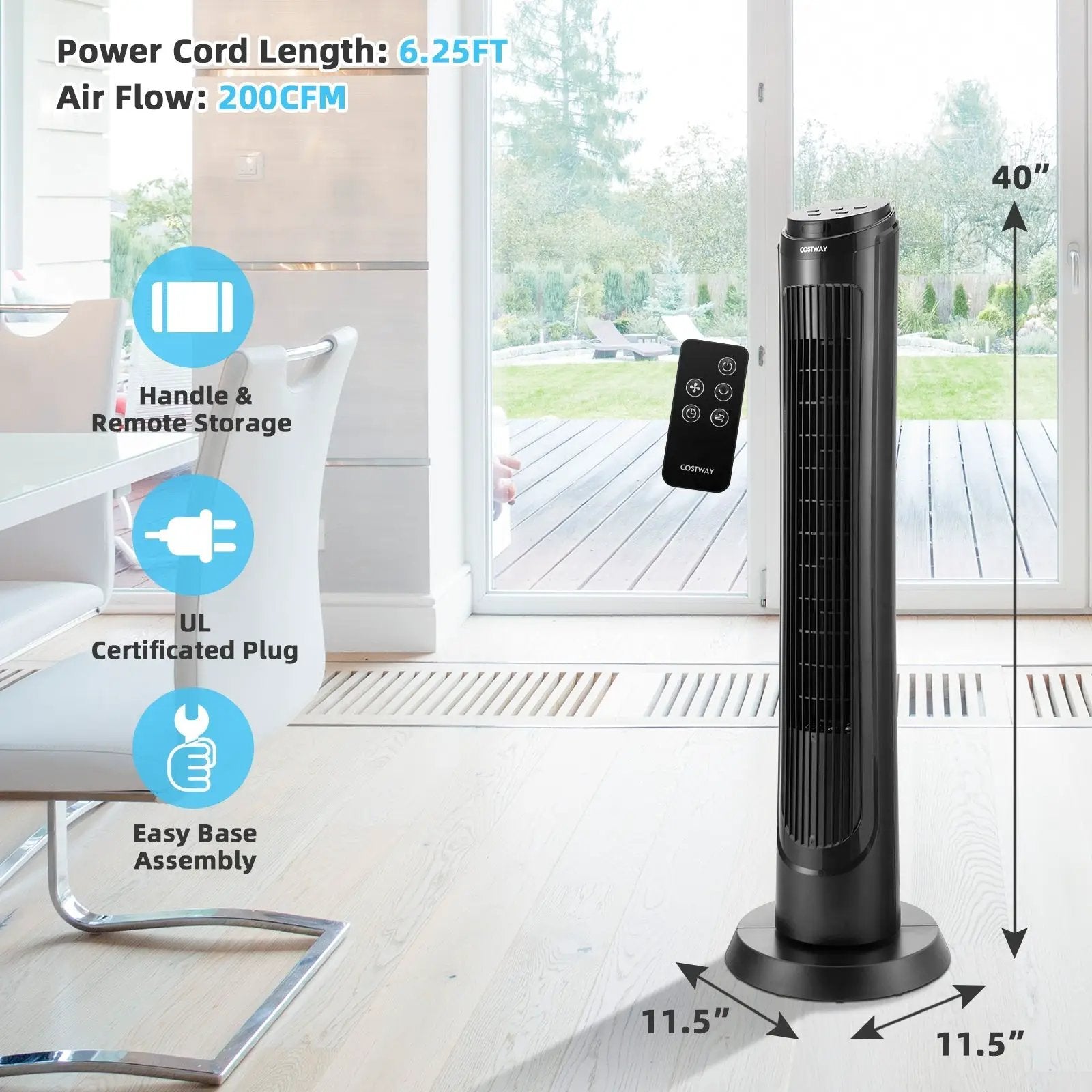 40 Inch Tower Fan with Remote 75Àö Oscillating Fan with 3 Wind Modes and 4 Wind Speeds-Black by DirectDeals