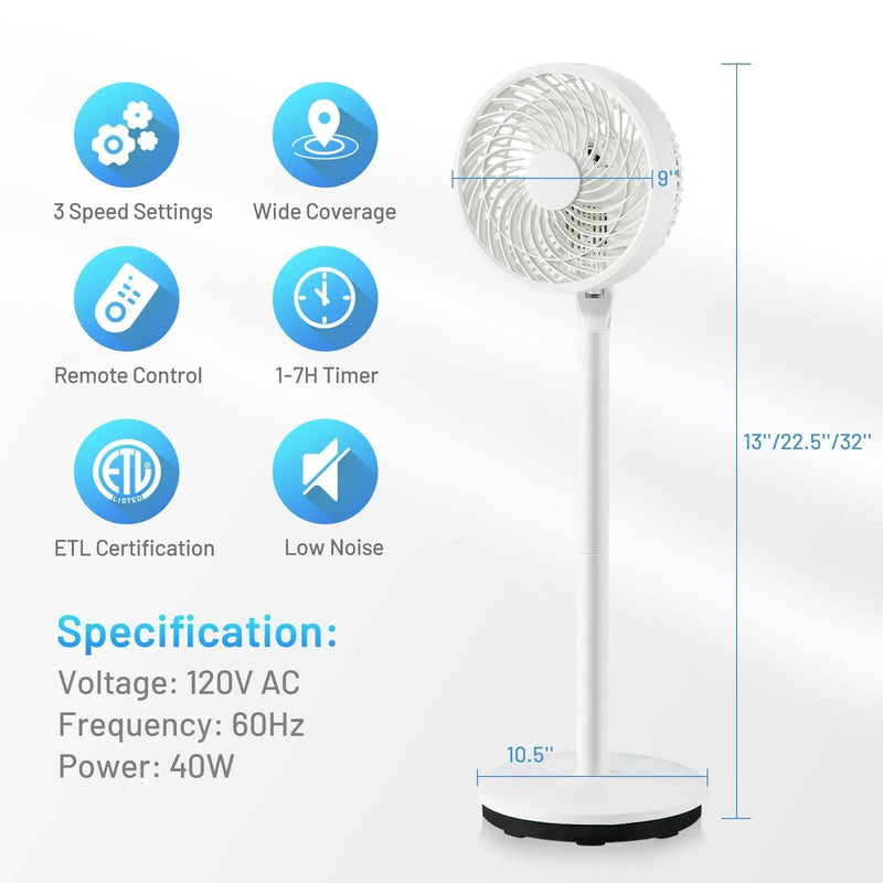 9 Inch Portable Oscillating Pedestal Floor Fan with Adjustable Heights and Speeds-White by DirectDeals