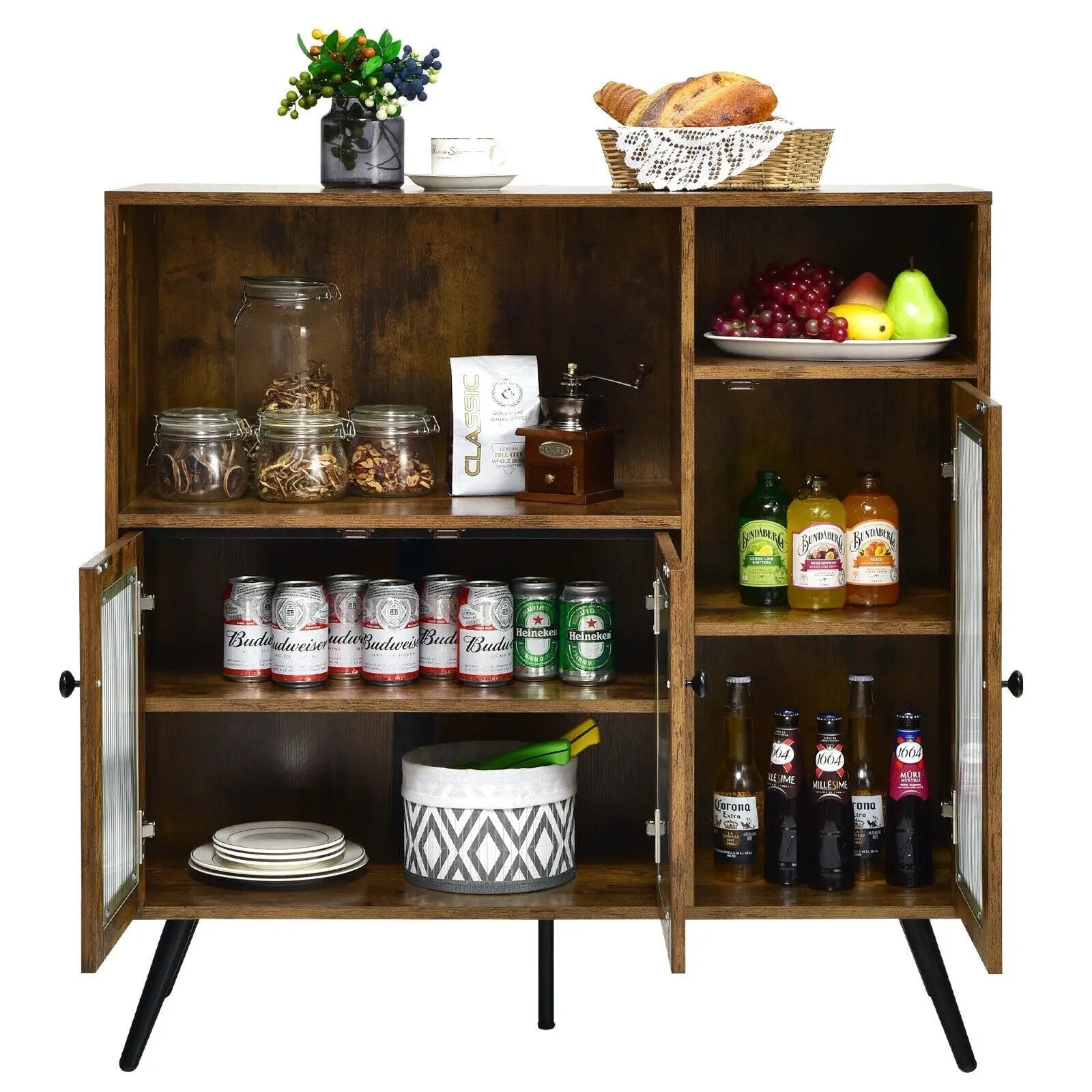 Buffet Kitchen Storage Cupboard with Glass Door and Adjustable Shelves-Rustic Brown by DirectDeals