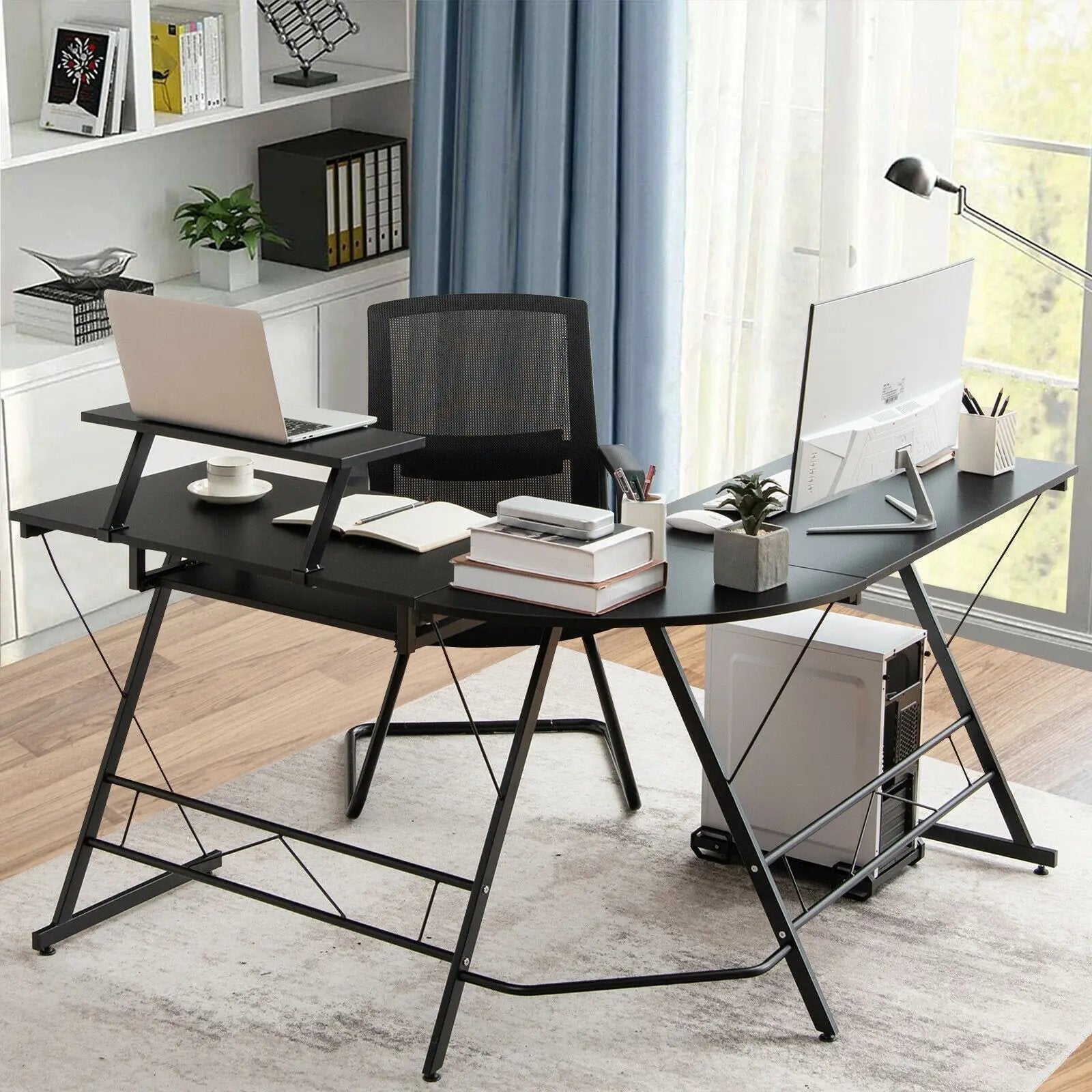 L Shaped Computer Desk Home Office Workstation with Movable Monitor Stand-Black by DirectDeals