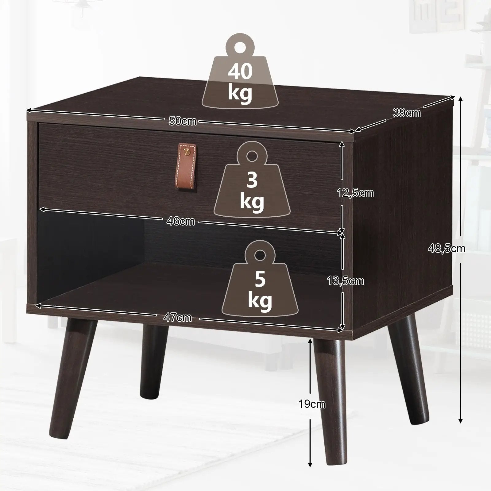 Nightstand Bedroom Table with Drawer Storage Shelf-Brown by DirectDeals