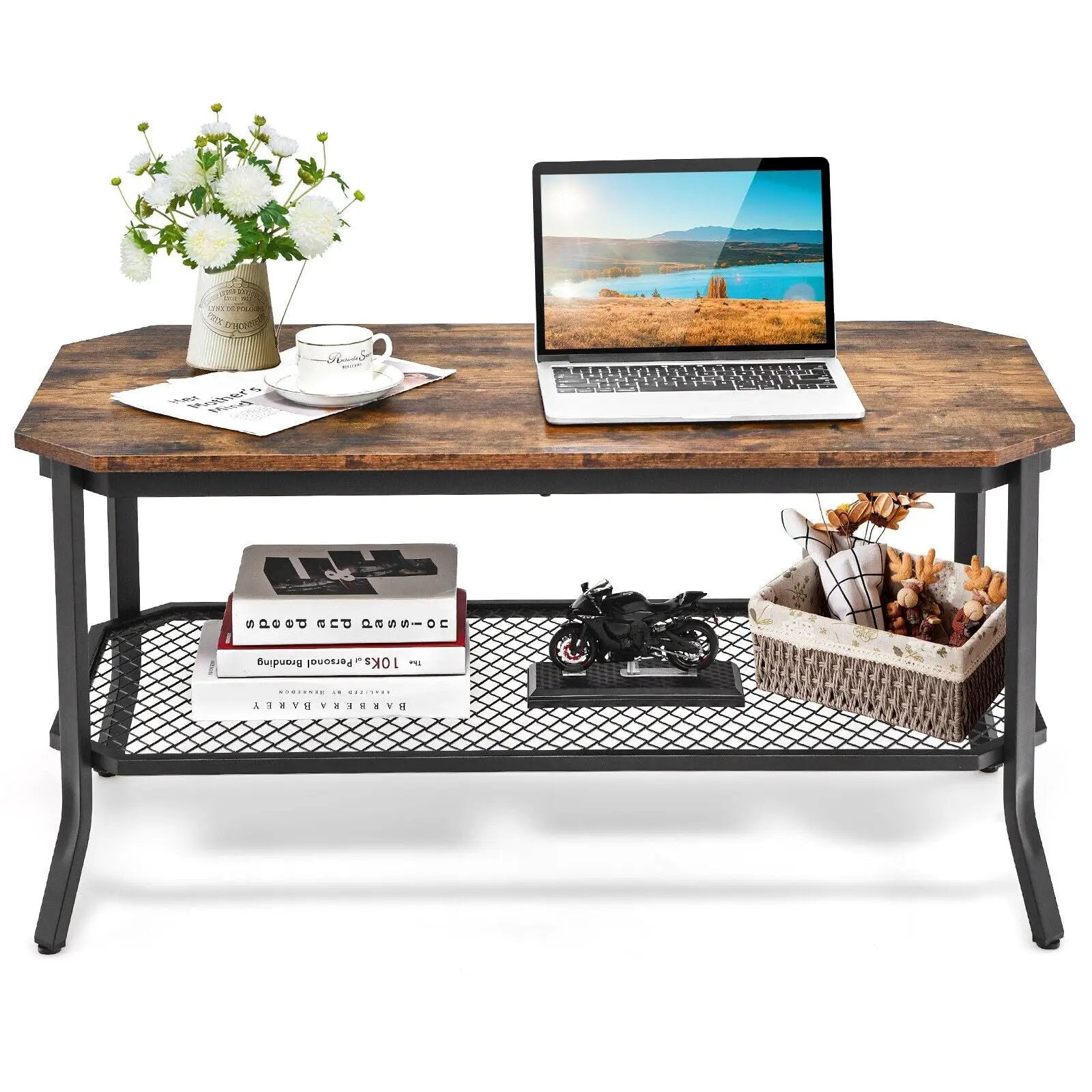 2-Tier Industrial Coffee Table with Open Mesh Storage Shelf for Living Room-Rustic Brown by DirectDeals