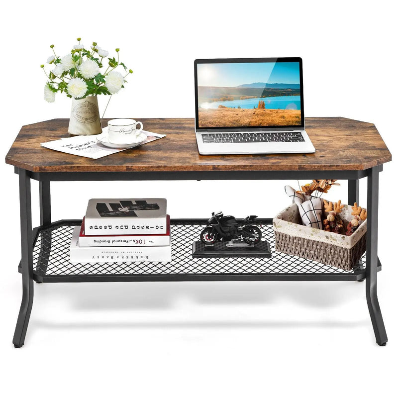 2-Tier Industrial Coffee Table with Open Mesh Storage Shelf for Living Room-Rustic Brown by DirectDeals