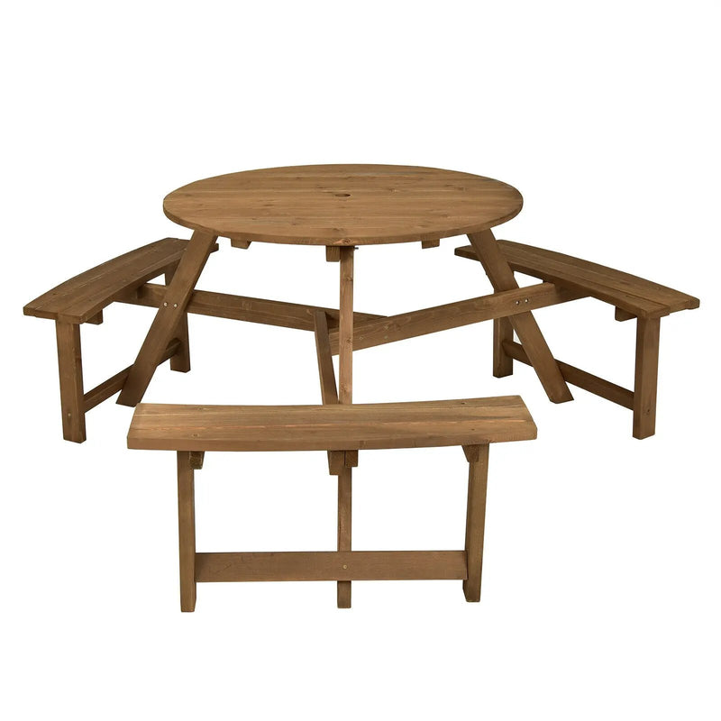6-person Round Wooden Picnic Table with Umbrella Hole and 3 Built-in Benches-Dark Brown by DirectDeals
