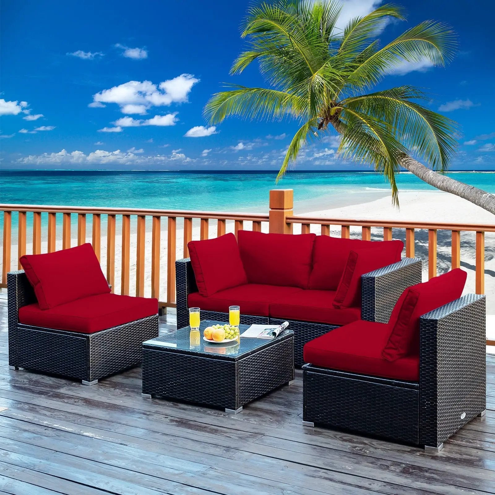 5 Pieces Cushioned Patio Rattan Furniture Set with Glass Table by DirectDeals