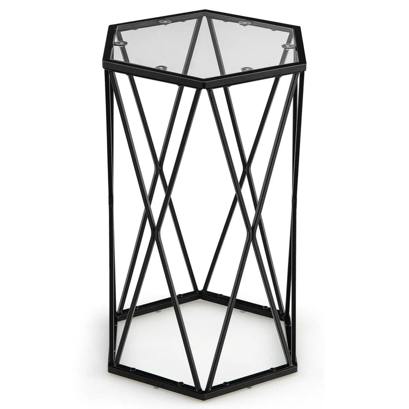 Hexagonal Accent End Table with Tempered Glass Top and Metal Frame by DirectDeals