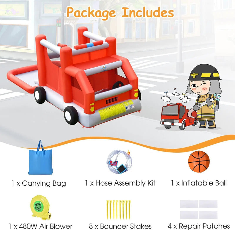 Fire Truck Themed Inflatable Castle Water Park Kids Bounce House with 480W Blower by DirectDeals