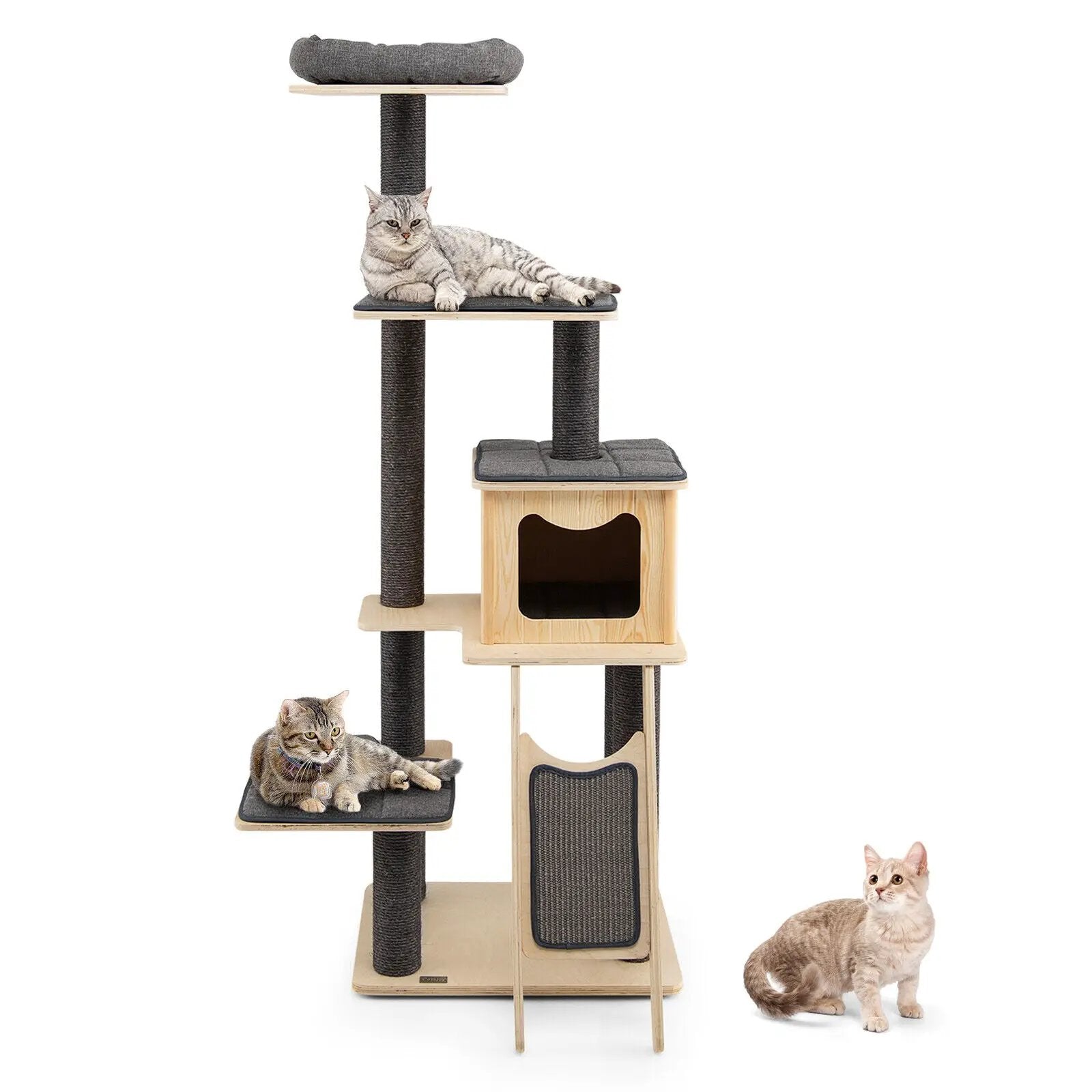 5-Tier Modern Wood Cat Tower with Washable Cushions-Gray by DirectDeals