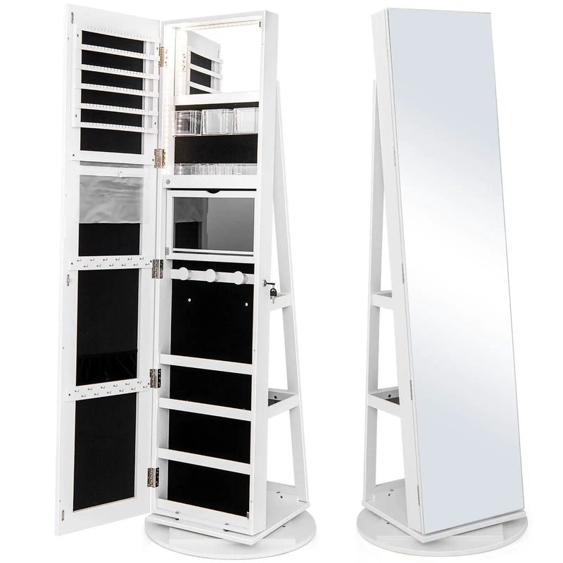 360° Rotating Mirrored Jewelry Cabinet Armoire 3 Color LED Modes Lockable by DirectDeals