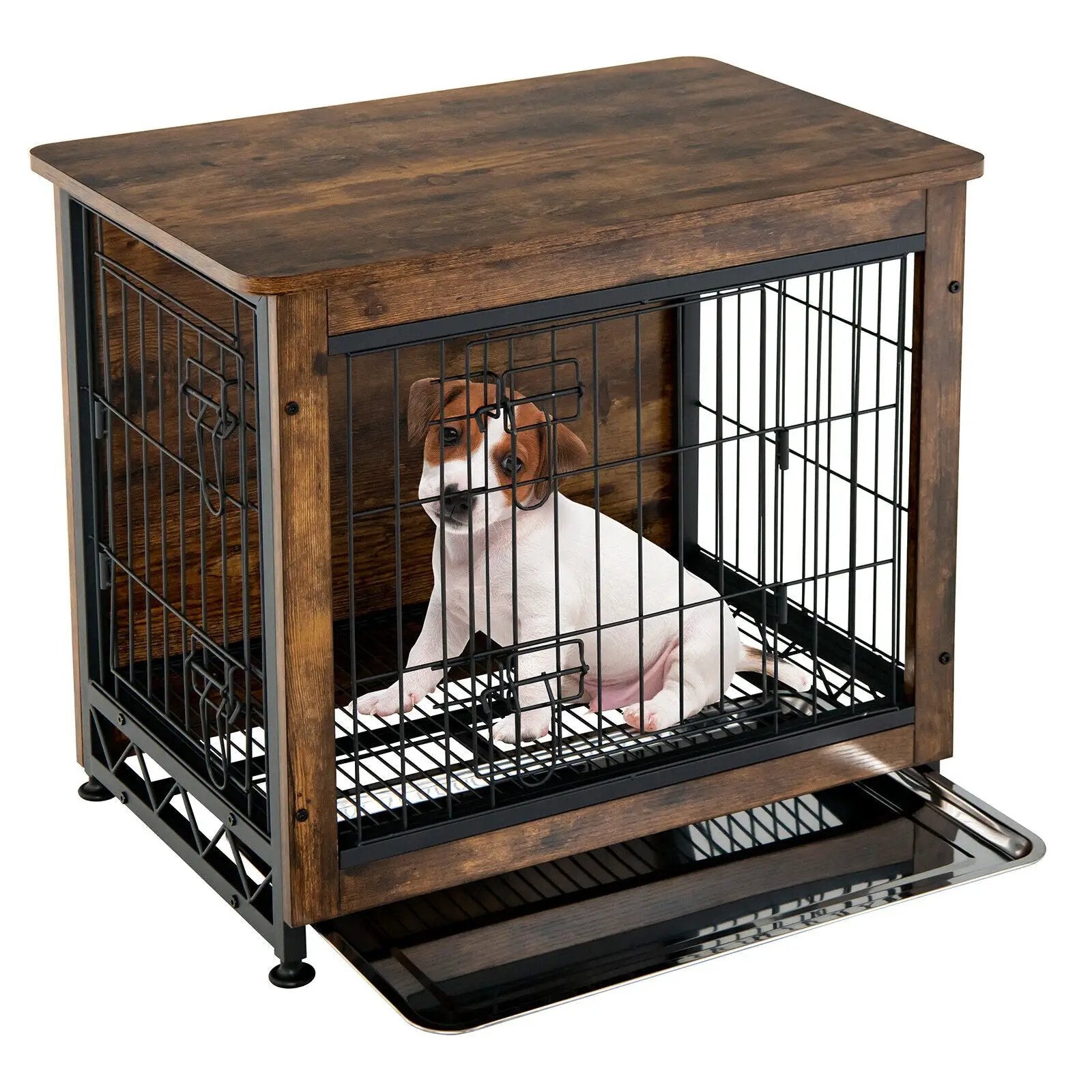 Wooden Dog Crate Furniture with Tray and Double Door-Brown by DirectDeals