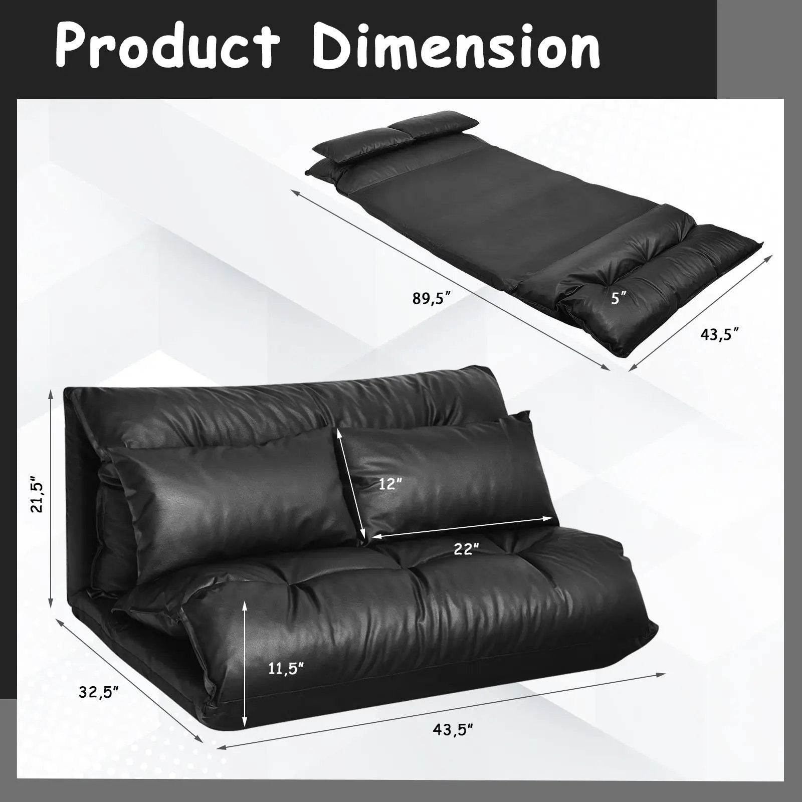 Foldable PU Leather Leisure Floor Sofa Bed with 2 Pillows-Black by DirectDeals
