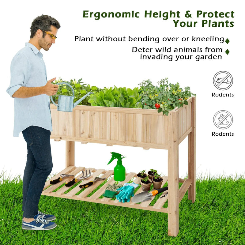 47 Inch Wooden Raised Garden Bed with Bottom Shelf and Bed Liner by DirectDeals