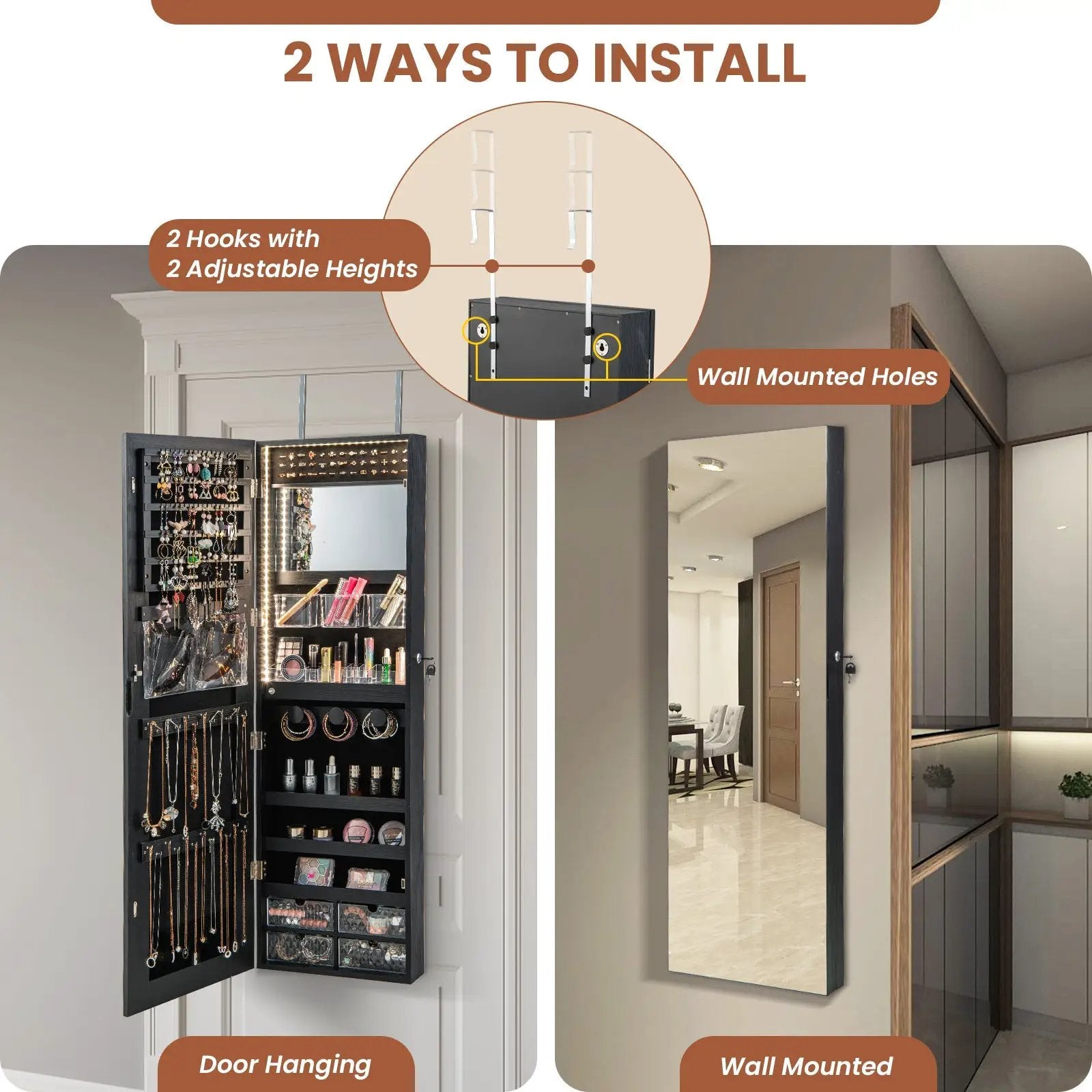 Wall Mounted Jewelry Cabinet with 3-Color Lights by DirectDeals