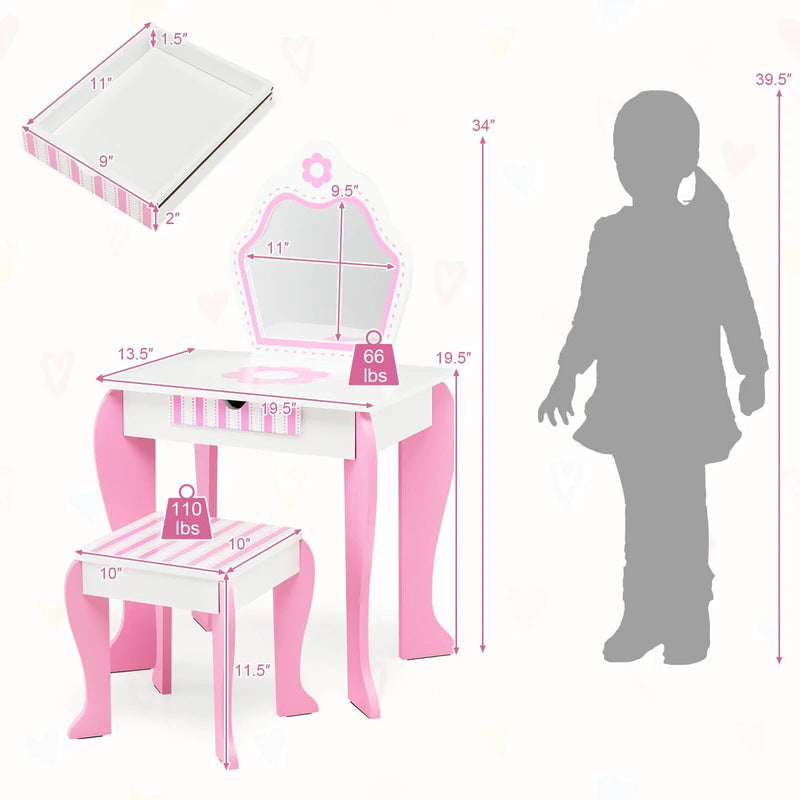 2-in-1 Toddler Vanity Set with Detachable Top & Cute Flower Patterns-White by DirectDeals