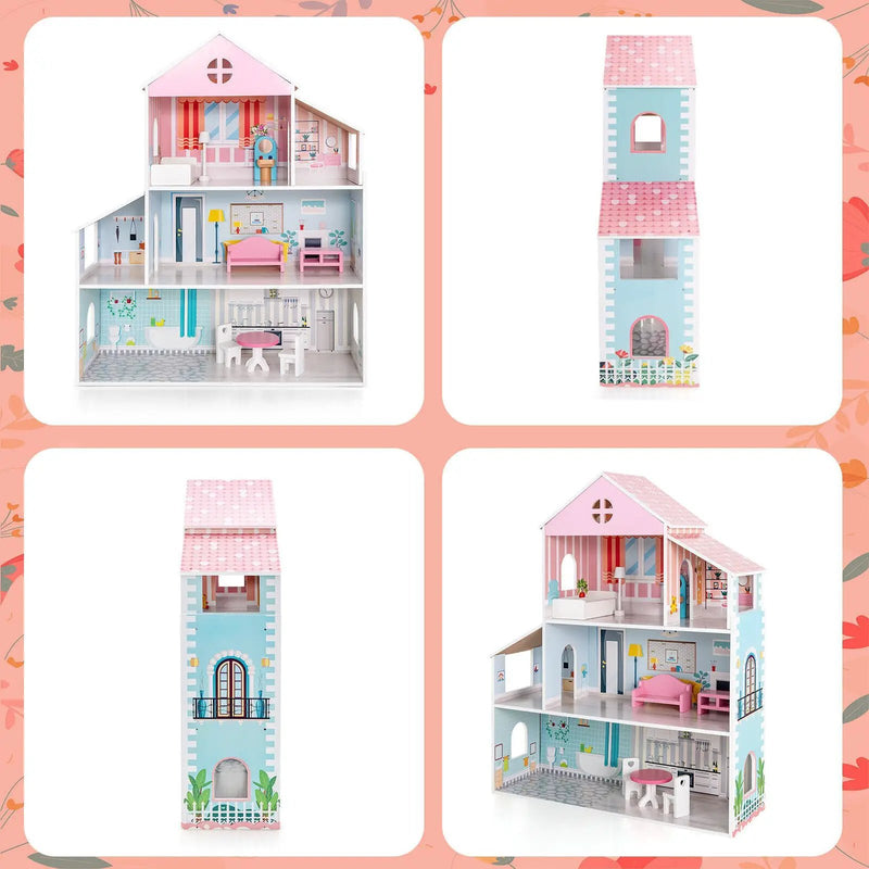 3-Tier Toddler Doll House with Furniture Gift for Age over 3 by DirectDeals