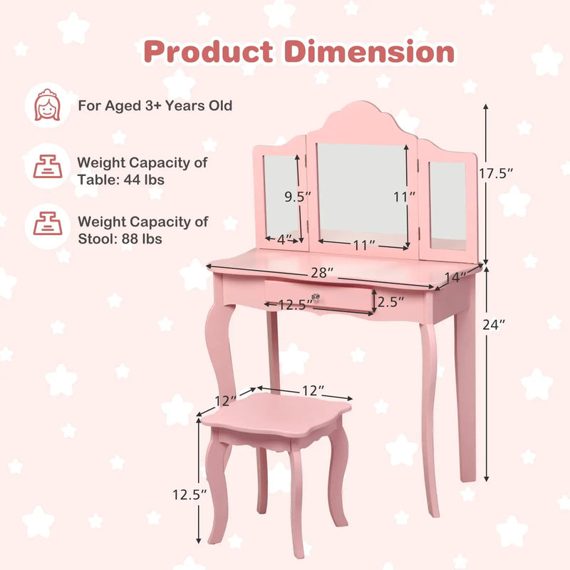 Kids Makeup Dressing Mirror Vanity Table Stool Set by DirectDeals