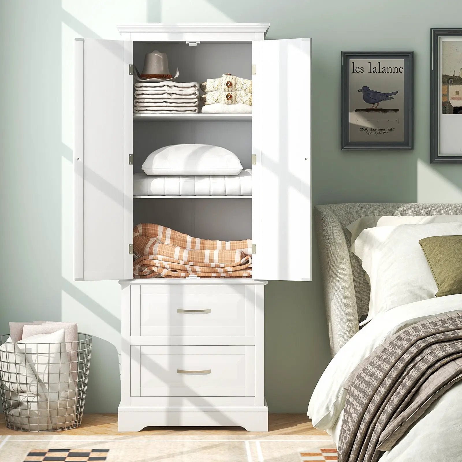 62 Inch Freestanding Bathroom Cabinet with Adjustable Shelves and 2 Drawers-White by DirectDeals