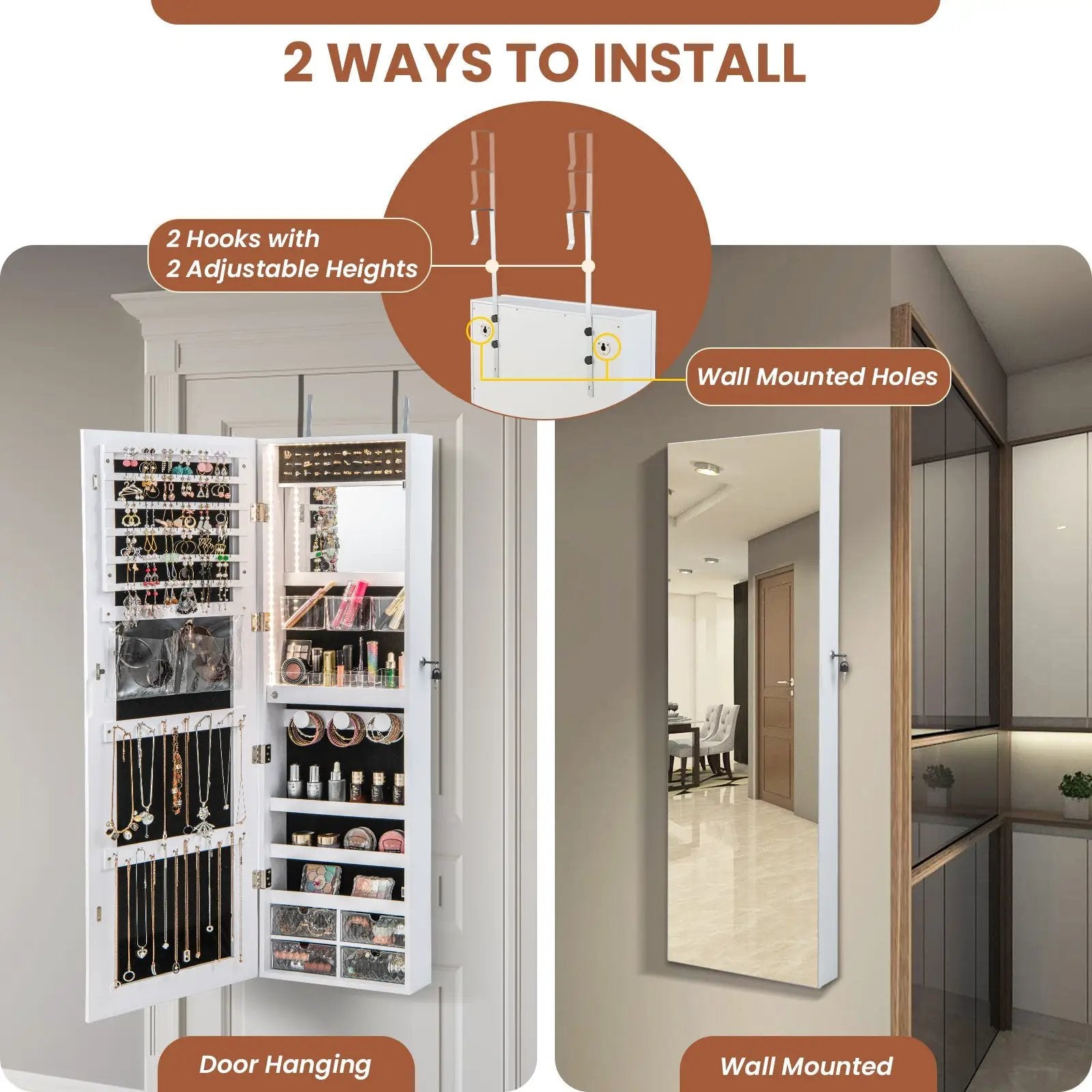 Wall Mounted Jewelry Cabinet with 3-Color Lights by DirectDeals