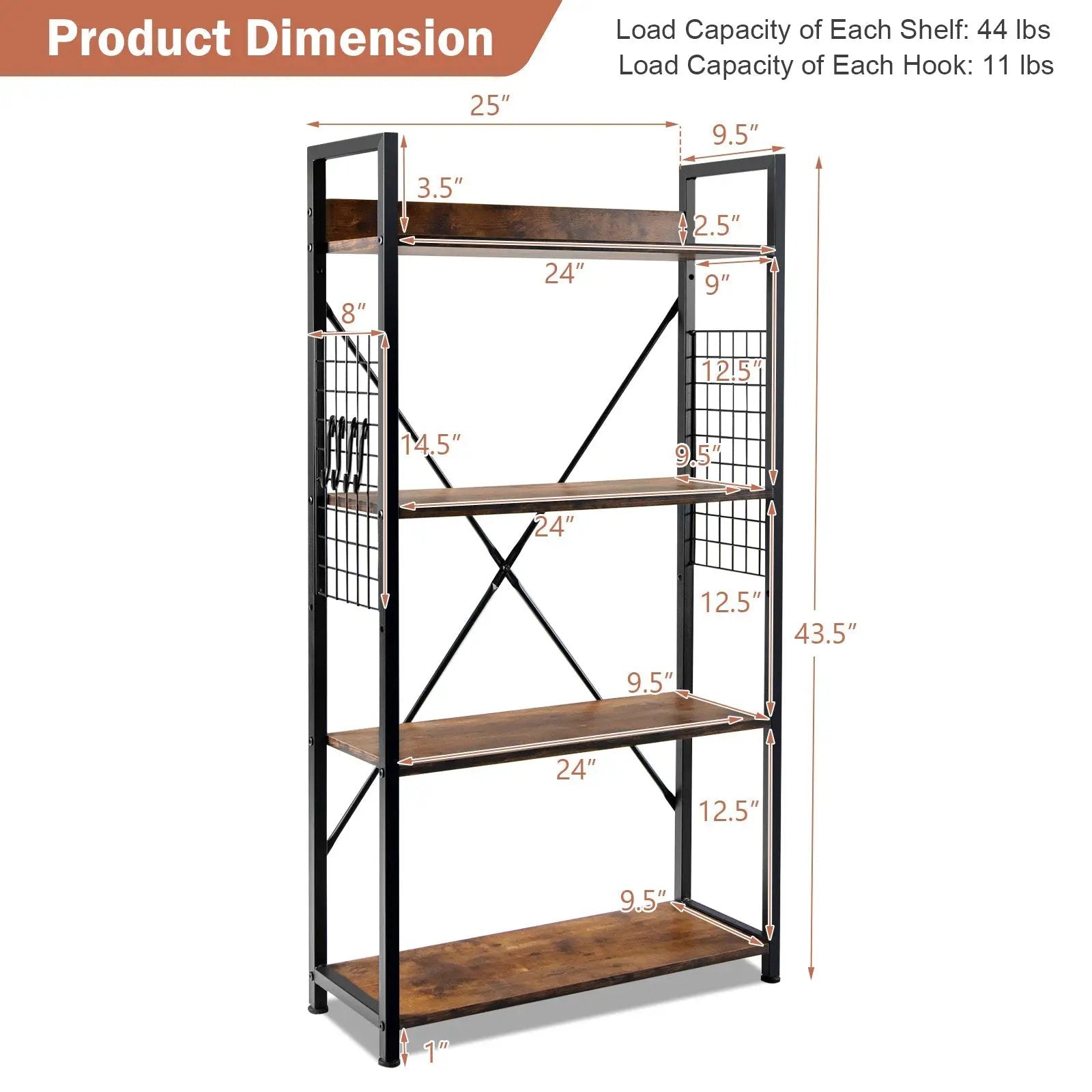4 -Tier Industrial Open Storage Bookshelf-Coffee by DirectDeals