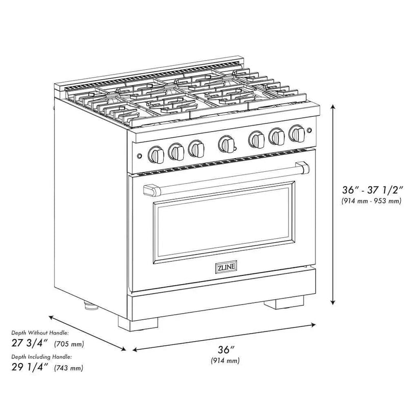 ZLINE 36"Gas Range, Convection Oven Black Matte, Gold, SGRSZ-BLM-36-G by Farmhouse Kitchen and Bath