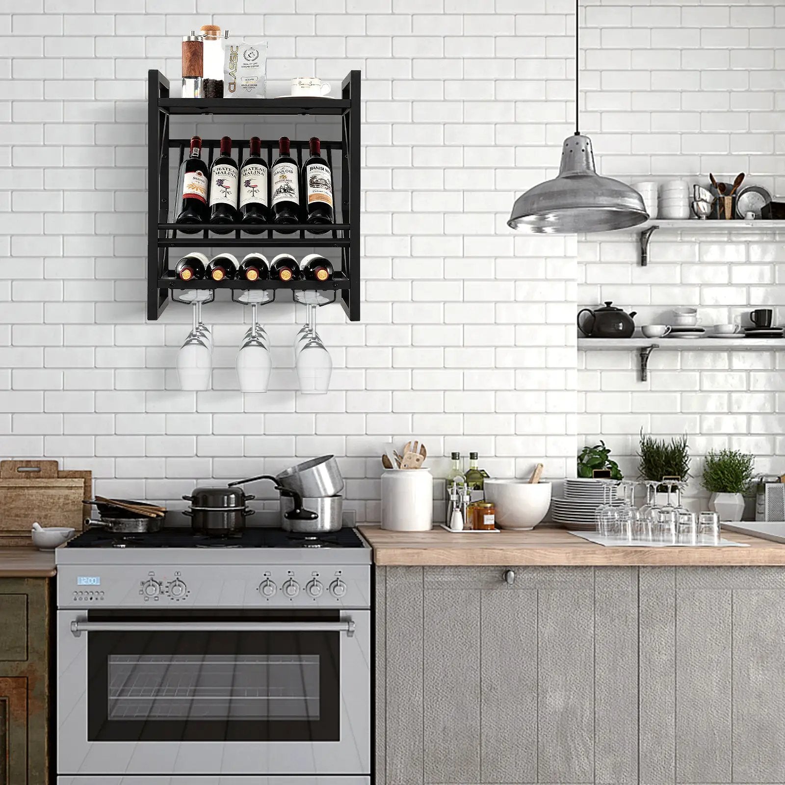 10 Bottles Wall Mounted Wine Rack with Glass Holder by DirectDeals