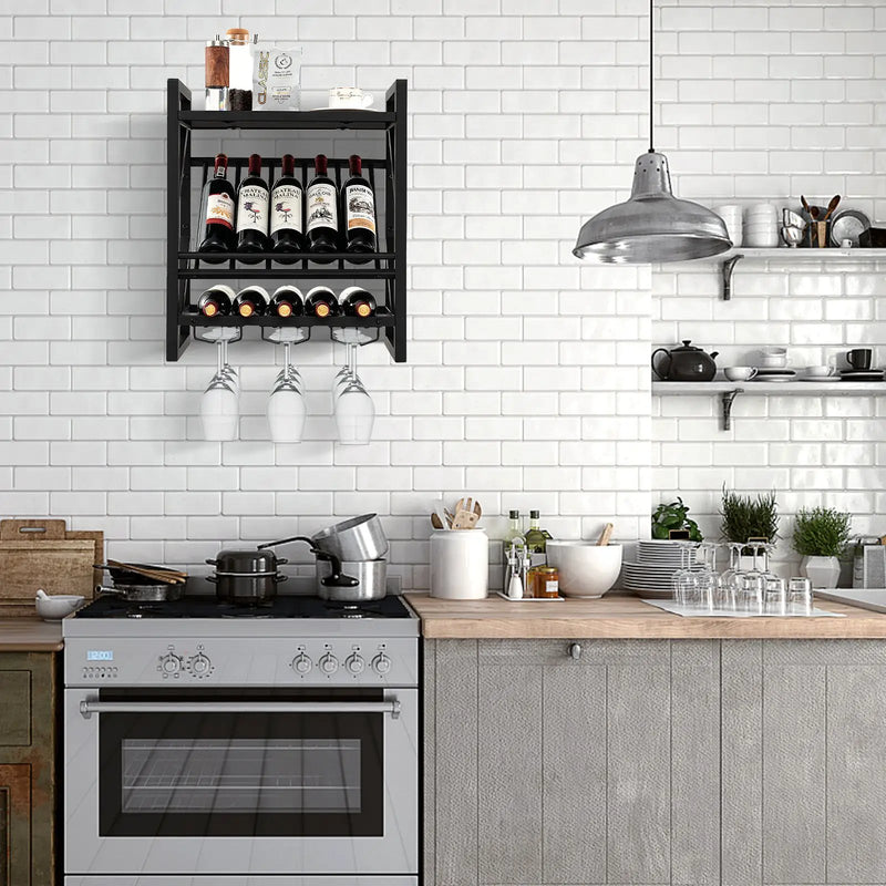 10 Bottles Wall Mounted Wine Rack with Glass Holder by DirectDeals