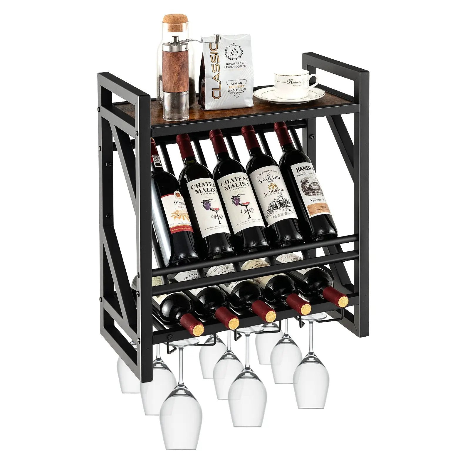 10 Bottles Wall Mounted Wine Rack with Glass Holder by DirectDeals