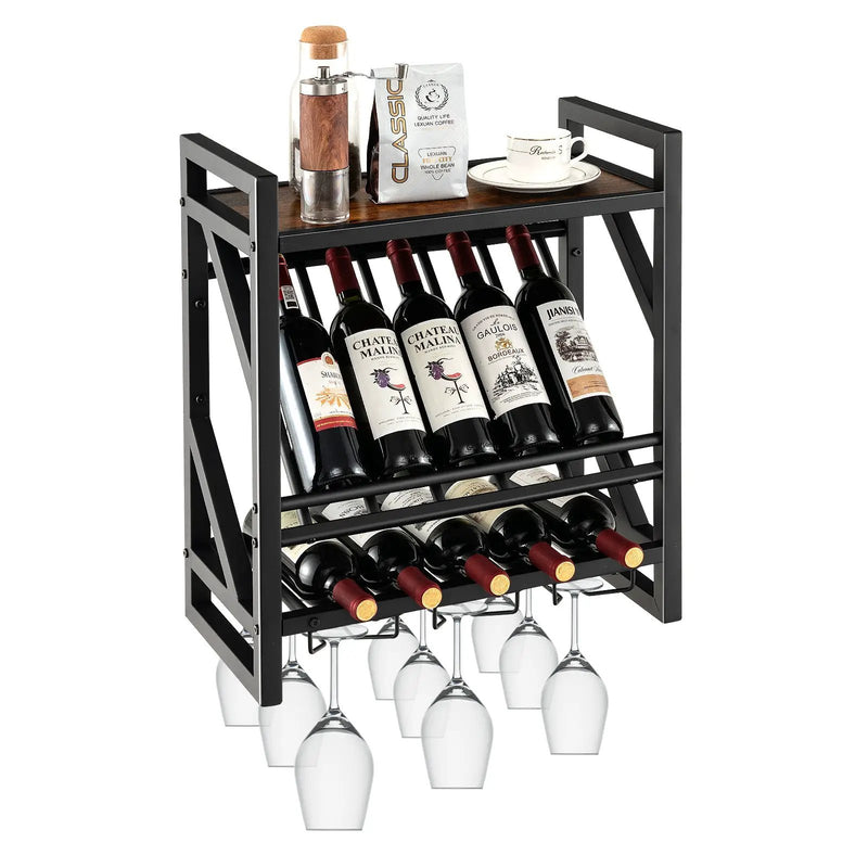 10 Bottles Wall Mounted Wine Rack with Glass Holder by DirectDeals