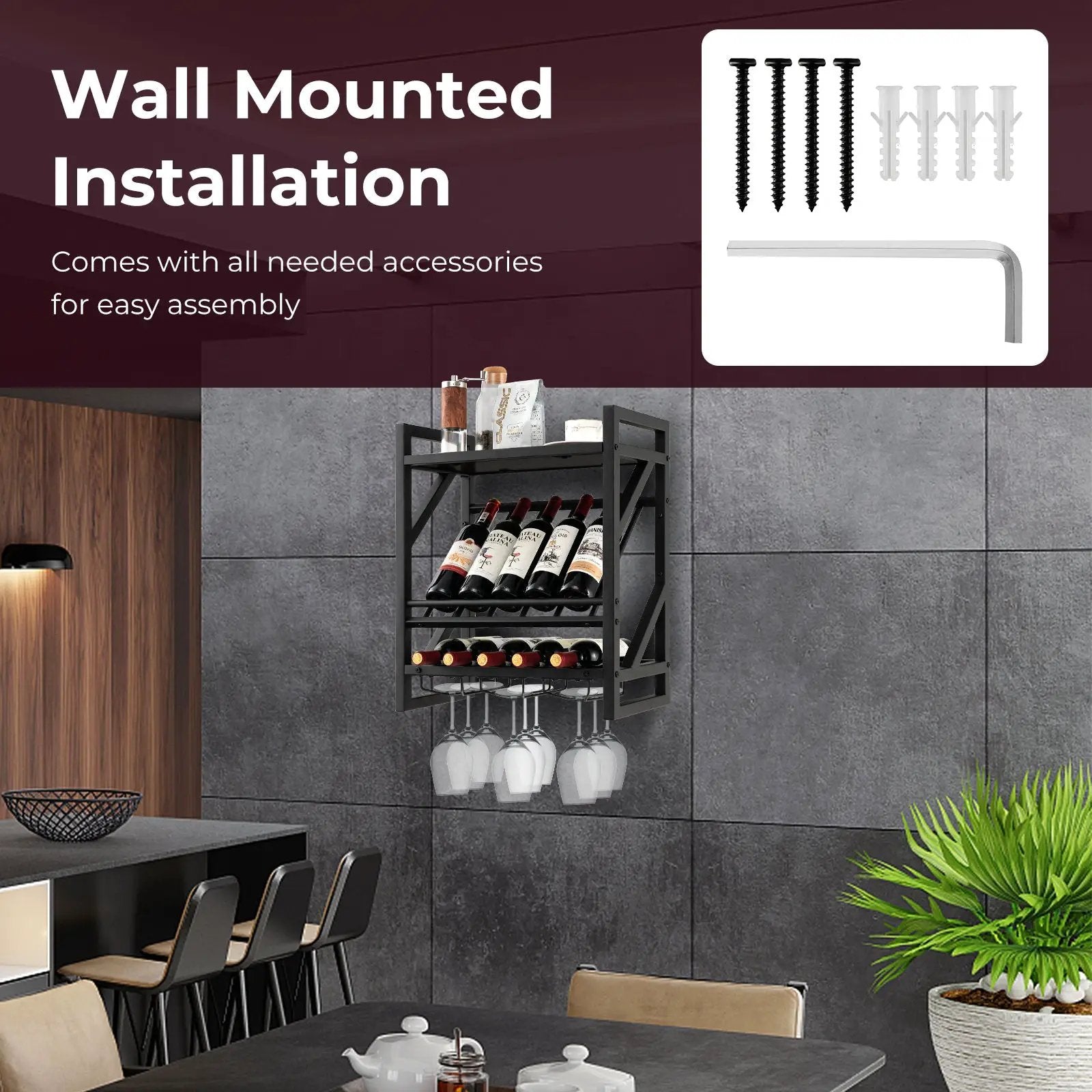 10 Bottles Wall Mounted Wine Rack with Glass Holder by DirectDeals