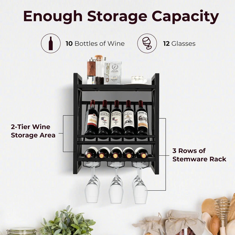10 Bottles Wall Mounted Wine Rack with Glass Holder by DirectDeals