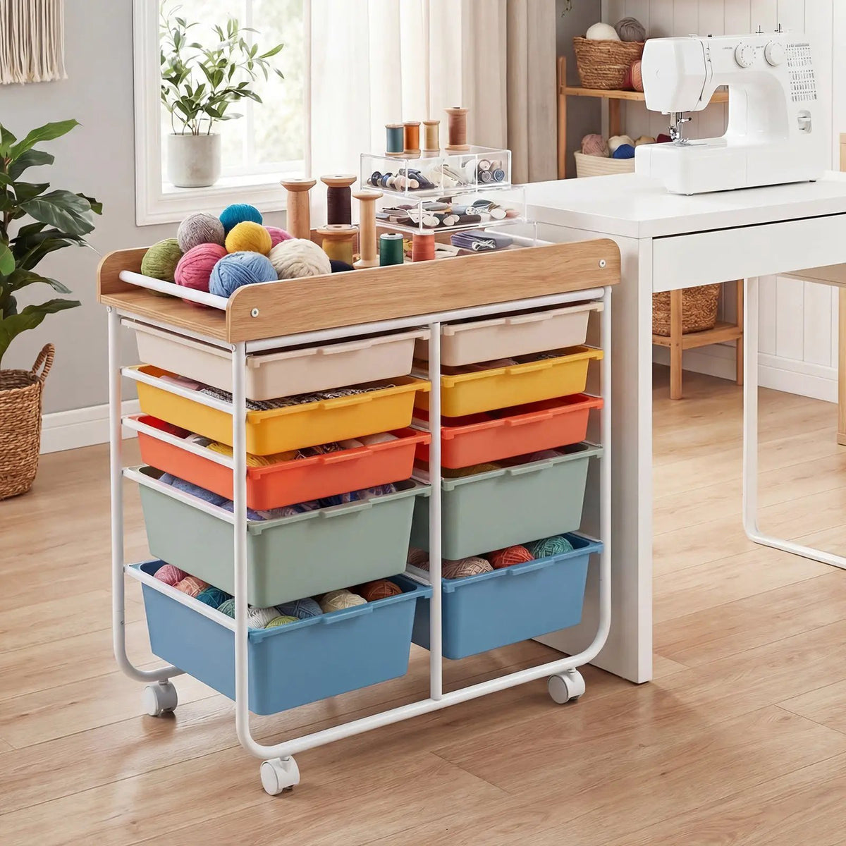 10-Drawer Rolling Cart with Wooden Tabletop and Lockable Wheels for Office, photo 2 of 16