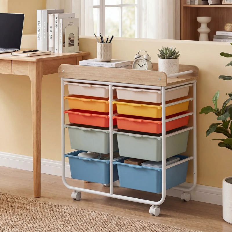 10-Drawer Rolling Cart with Wooden Tabletop and Lockable Wheels for Office by DirectDeals