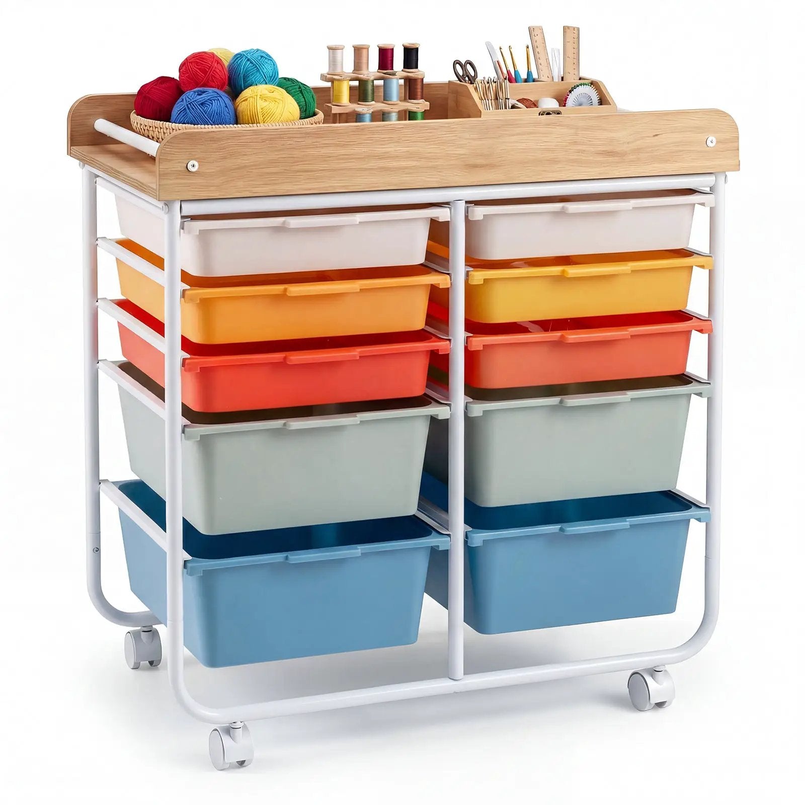 10-Drawer Rolling Cart with Wooden Tabletop and Lockable Wheels for Office by DirectDeals