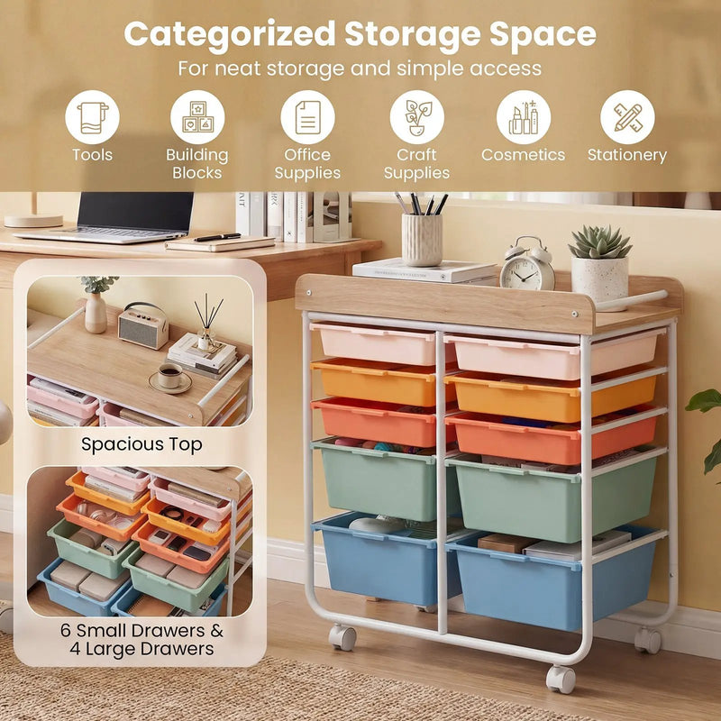 10-Drawer Rolling Cart with Wooden Tabletop and Lockable Wheels for Office by DirectDeals