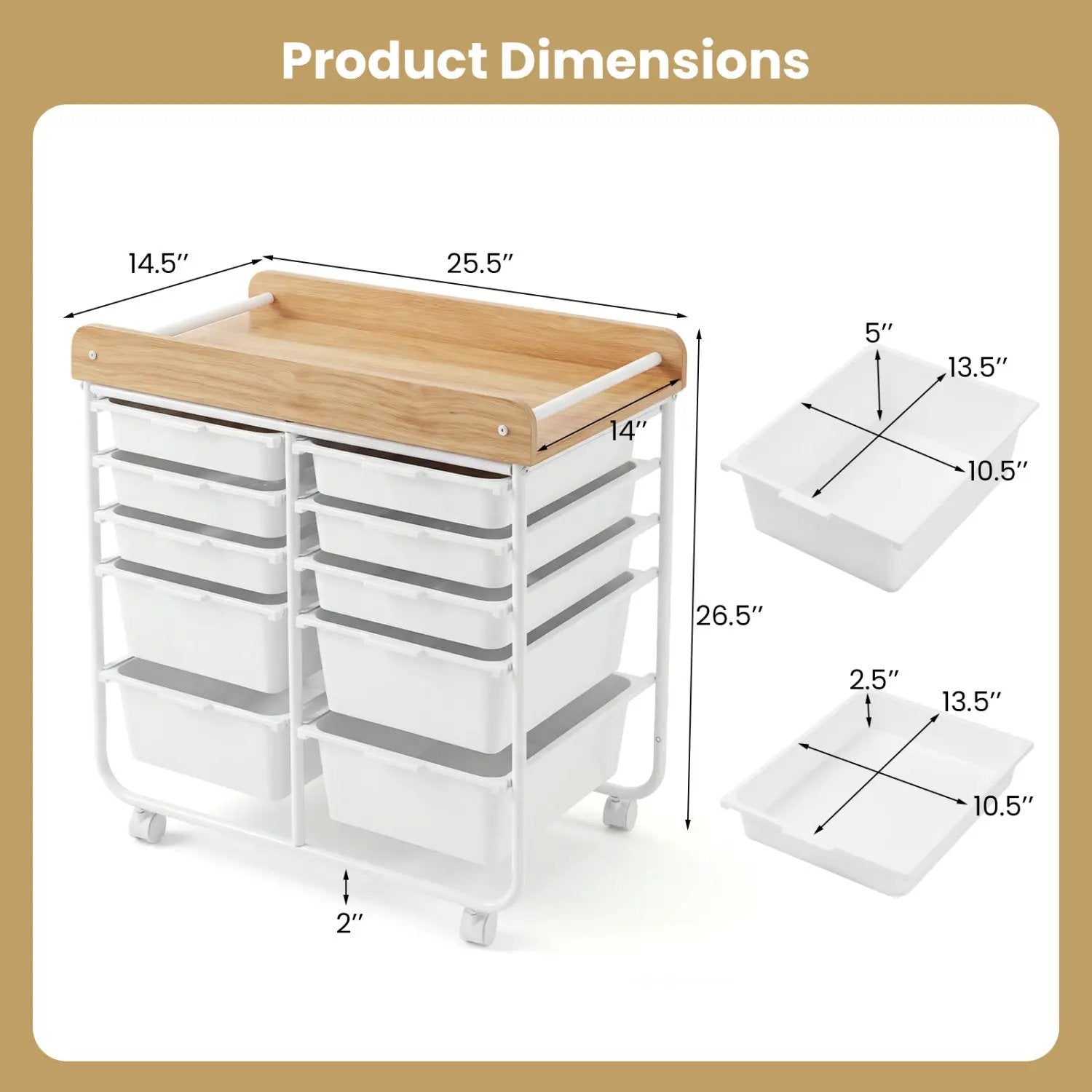 10-Drawer Rolling Cart with Wooden Tabletop and Lockable Wheels for Office by DirectDeals