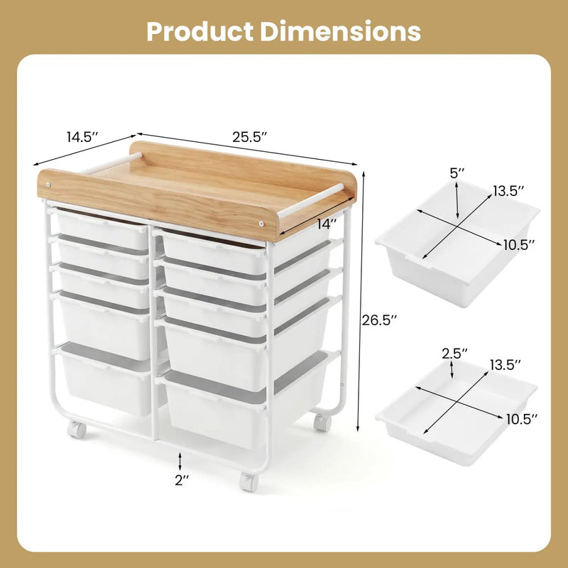 10-Drawer Rolling Cart with Wooden Tabletop and Lockable Wheels for Office by DirectDeals