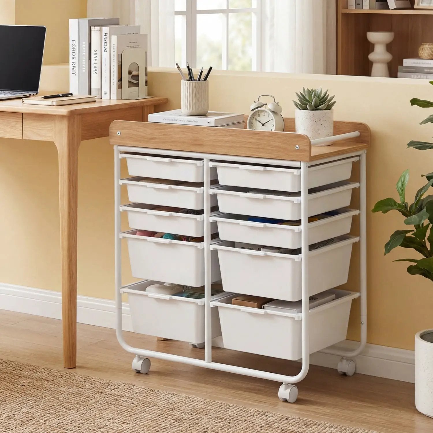 10-Drawer Rolling Cart with Wooden Tabletop and Lockable Wheels for Office by DirectDeals