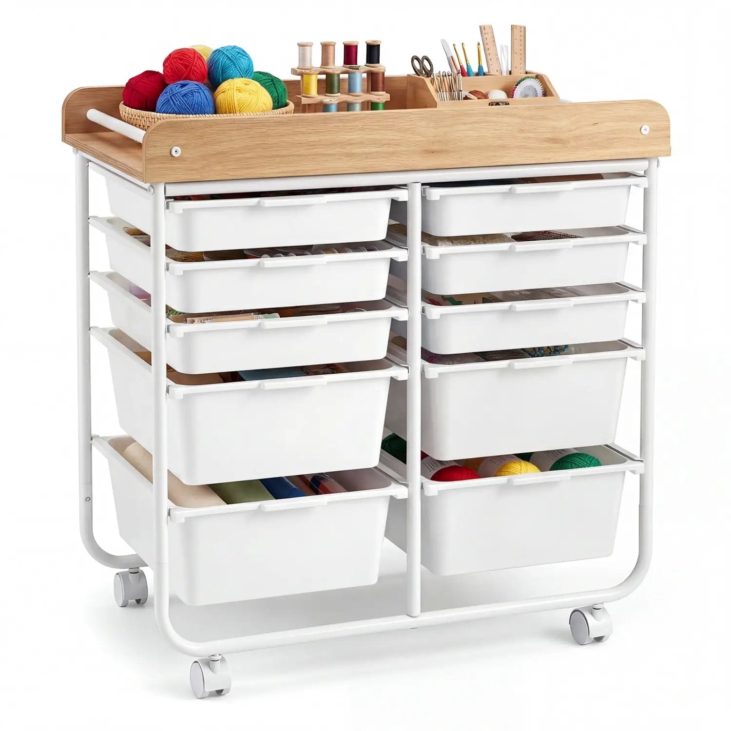 10-Drawer Rolling Cart with Wooden Tabletop and Lockable Wheels for Office by DirectDeals