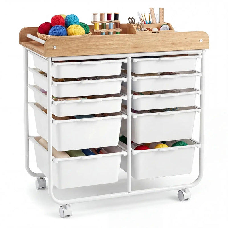 10-Drawer Rolling Cart with Wooden Tabletop and Lockable Wheels for Office by DirectDeals