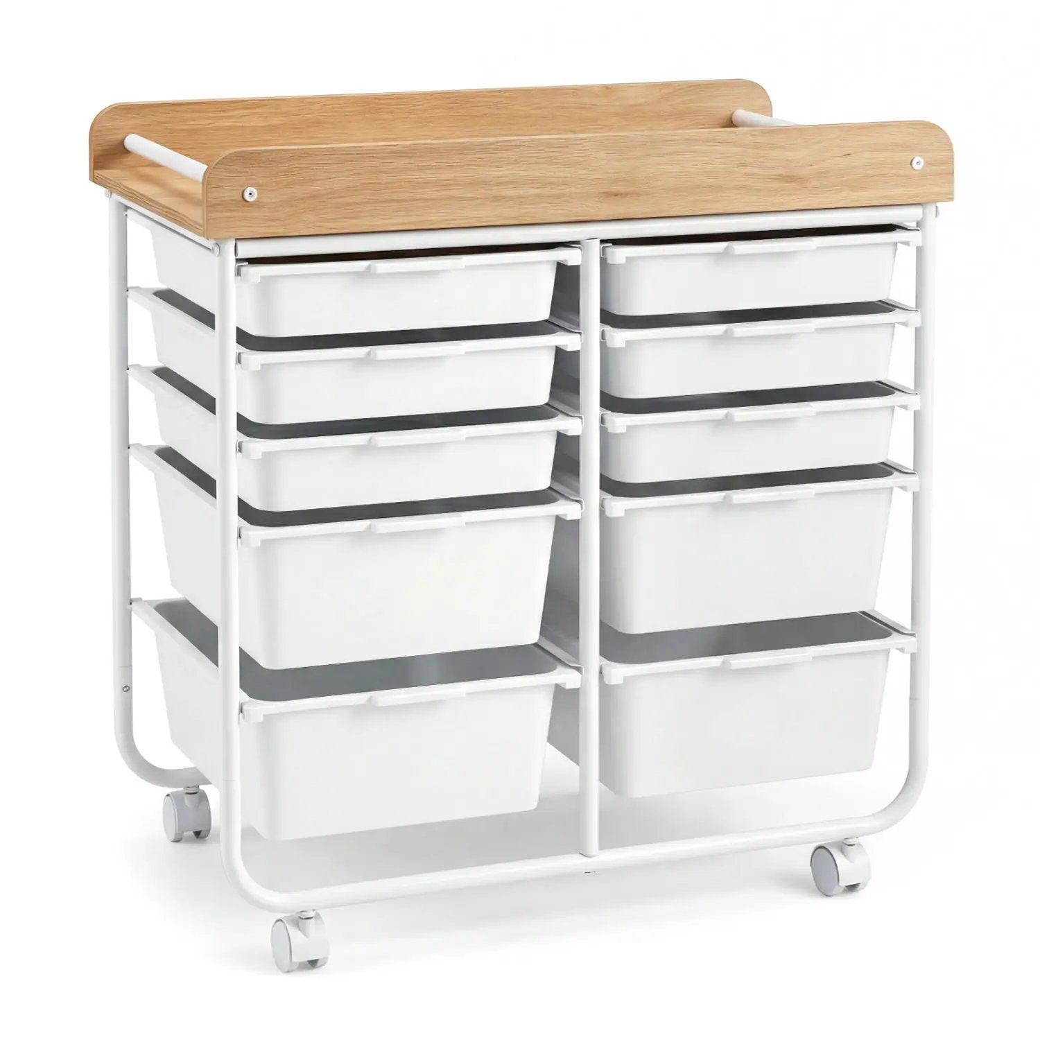 10-Drawer Rolling Cart with Wooden Tabletop and Lockable Wheels for Office by DirectDeals