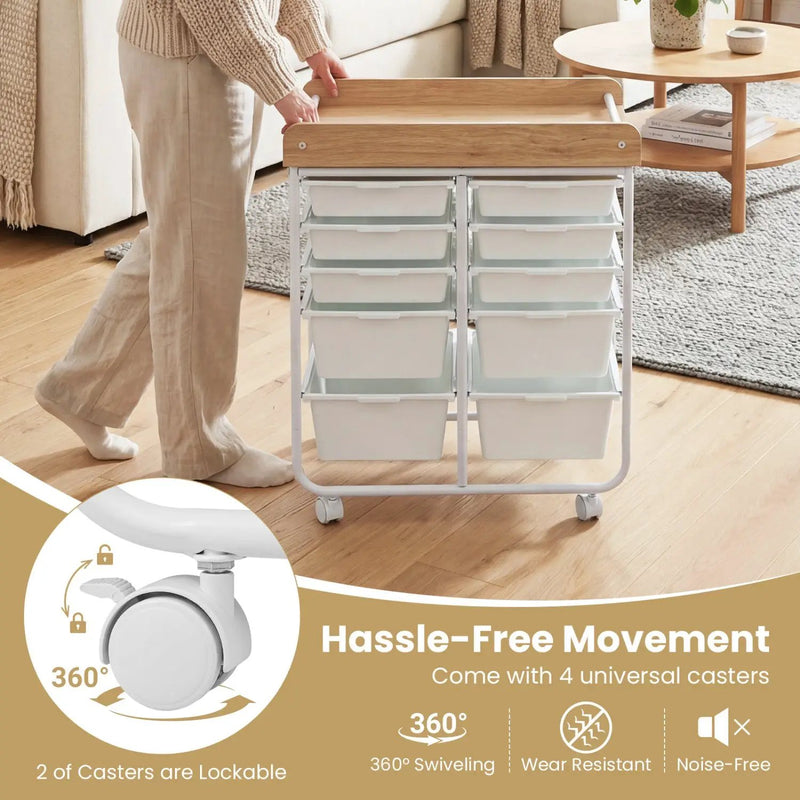 10-Drawer Rolling Cart with Wooden Tabletop and Lockable Wheels for Office by DirectDeals