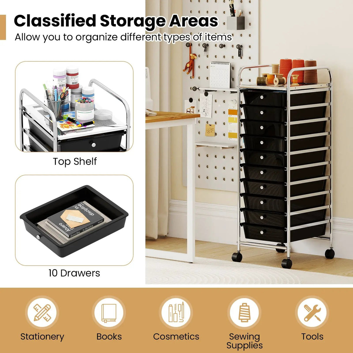 10-Drawer Rolling Storage Cart with Metal Frame and Lockable Universal Wheels, photo 8 of 16
