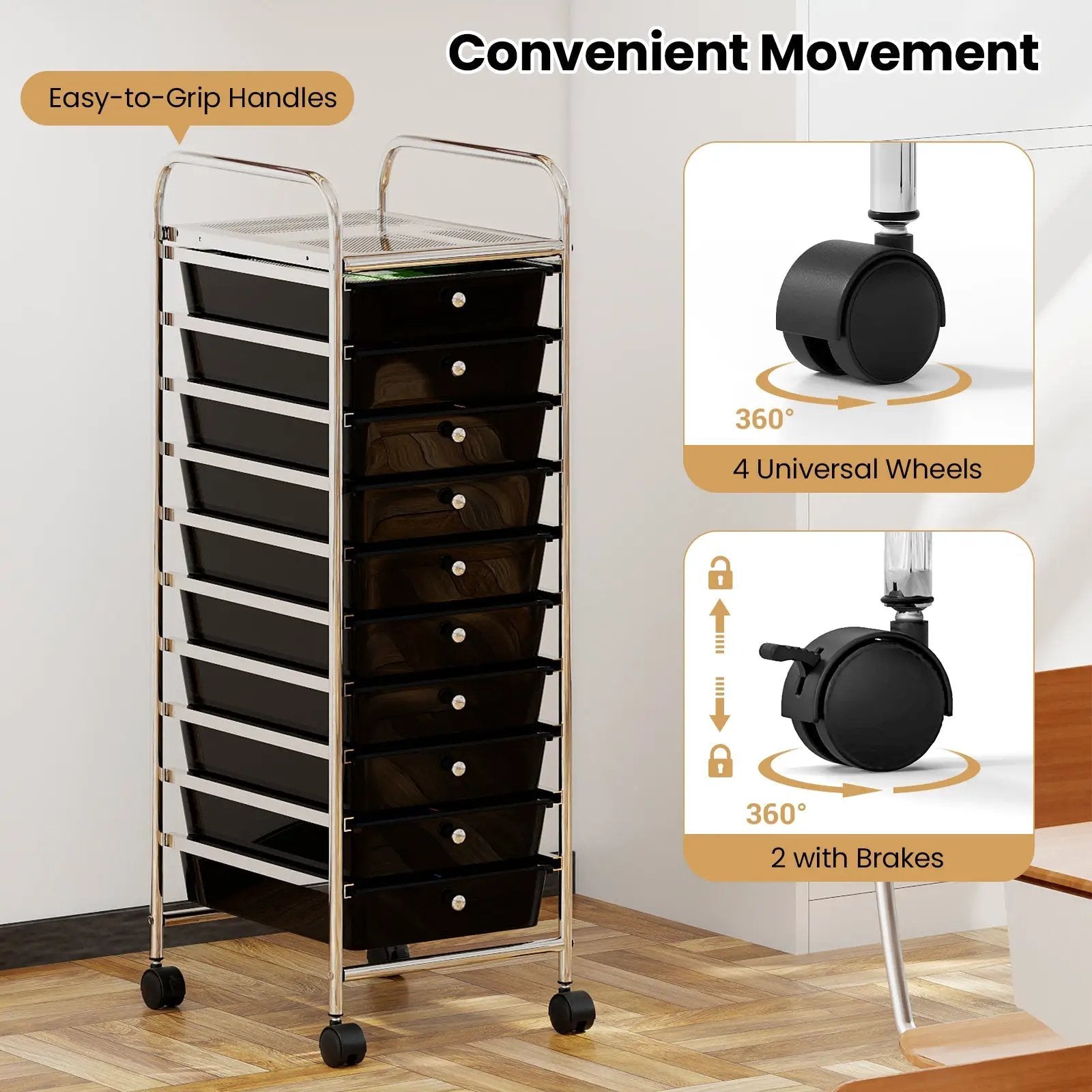 10-Drawer Rolling Storage Cart with Metal Frame and Lockable Universal Wheels by DirectDeals